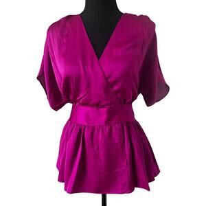 City Chic Women's Plus Size Tie Back Satin Peplum V Neck Top Pink Size XS/15